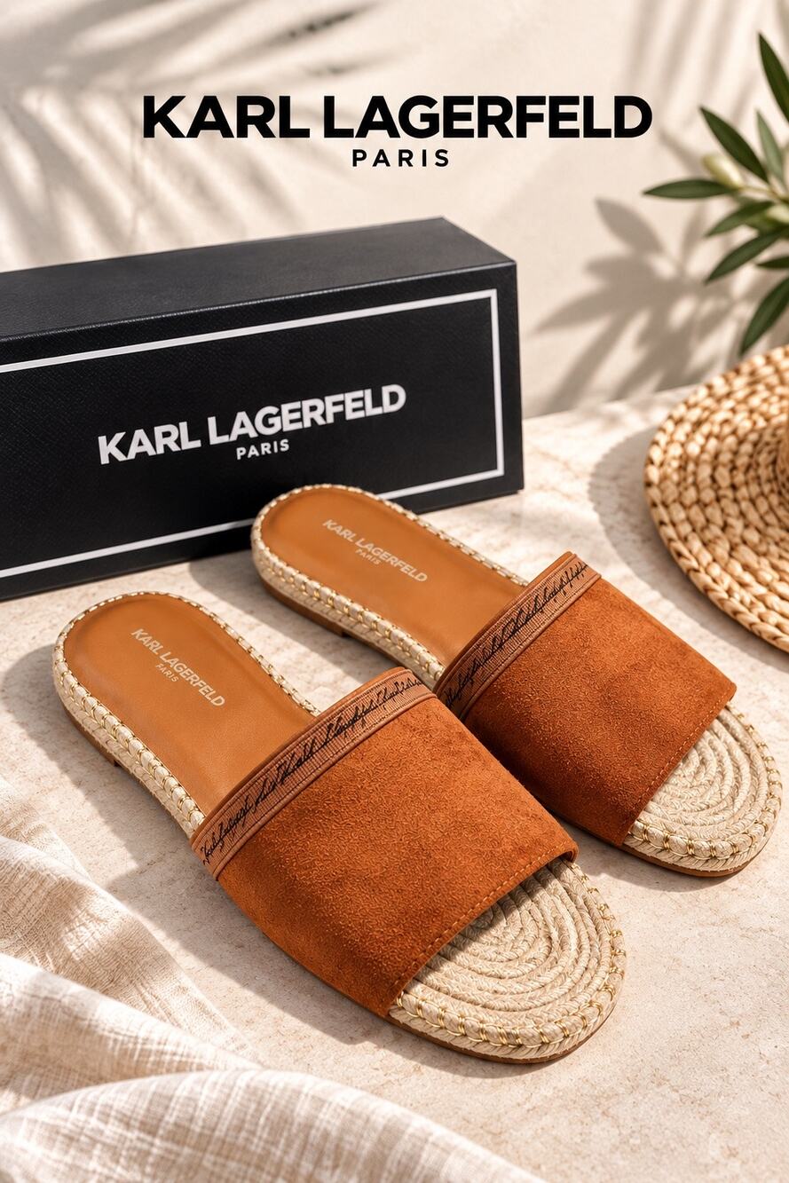 Karl Lagerfeld Paris Espadrille Slide Sandals Brown Logo NEW $119